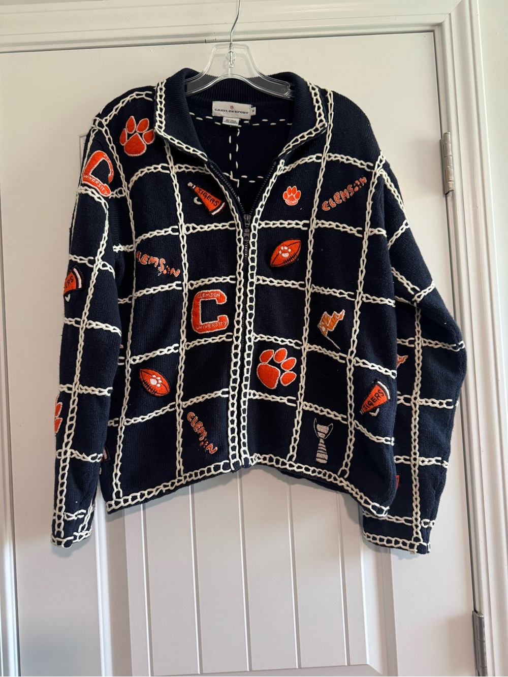 Clemson Themed Navy & Orange Zip Cardigan Sweater